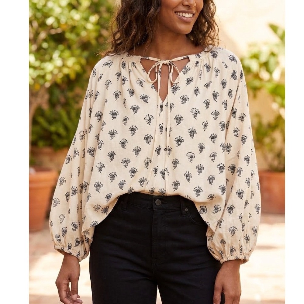 Linen Balloon Sleeve Top Sz XXL Cream Floral Grove Print Tie Neck Breezy Coastal